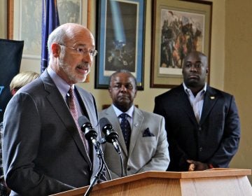 Pennsylvania Gov. Tom Wolf announces the formation of the Institute for the Contemporary African American Experience at Cheyney University. He is joined by (from left) Cheyney University President Aaron Walton and Charles S. Smith, Chairman of the Epcot Crenshaw Corporation, a partner in the Institute.