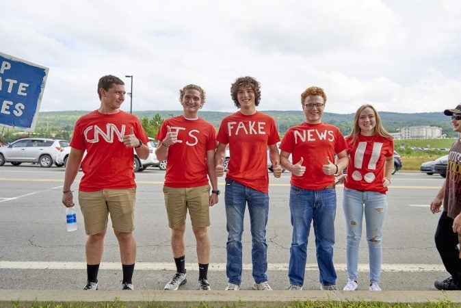 A group of college students from Bloomsburg University in Wilkes-Barre, Pa., on August 2, 2018 for the Make America Great Again rally. (From left) Butch Whitmer, David Whitmer, Matthew Gummo, Bryce, and Natalie (Natalie Piserchio for WHYY)