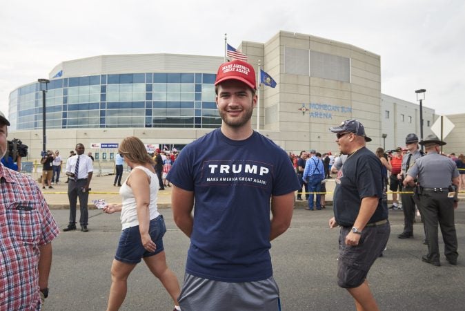 Nico Makuta, 21, from Ableton, Pa., is hoping the Trump endorsement will help Lou Barletta win the upcoming Primary election for Senate. (Natalie Piserchio for WHYY)