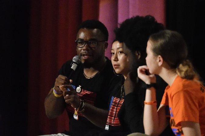 Jammal Lemmy of Parkland FL, graduated form Majorly Stoneman Douglas High School in 2016, speaks during a March For Our Lives National Tour stop in Philadelphia, on Tuesday (Bastiaan Slabbers for WHYY)