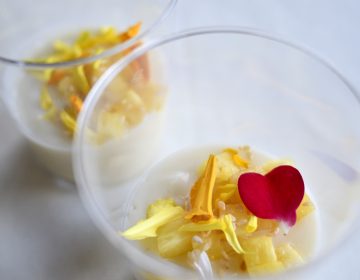 Heart shaped petal sits atop a dessert served at the restaurant for the cast and crew of Cirque Du Soleil's VOLTA, in Oaks, Pa., on Aug. 8, 2018.