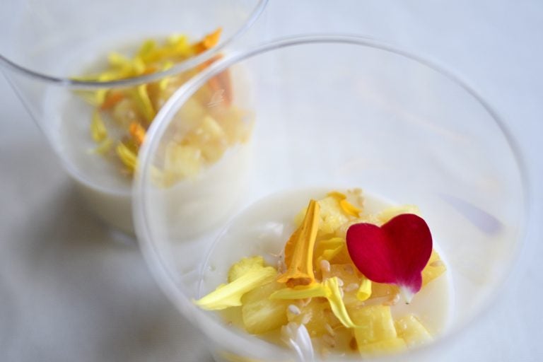 Heart shaped petal sits atop a dessert served at the restaurant for the cast and crew of Cirque Du Soleil's VOLTA, in Oaks, Pa., on Aug. 8, 2018.