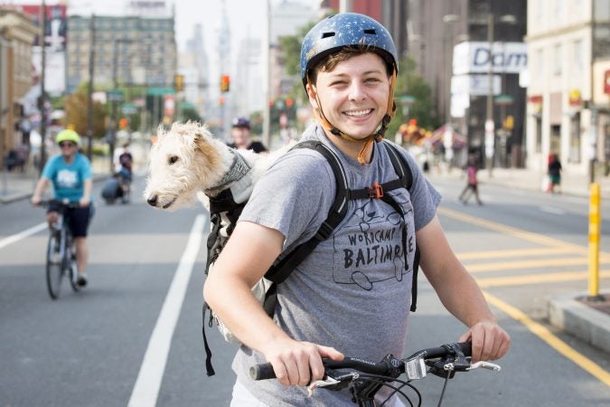 Davis Shaver pauses at Girard Avenue and Broad Street to pose for a portrait with his dog, Doc, who is joining him on a bike ride down Broad Street for Philly Free Streets on August 11, 2018. (Rachel Wisniewski
for WHYY)