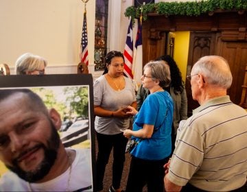 Arlene Figueroa, the partner of Joseph Santos, is pictured after an interfaith service for the 44-year-old who was fatally shot by South Whitehall Township Police Officer Jonathan Roselle on July 28, 2018. (Brad Larrison for WHYY)