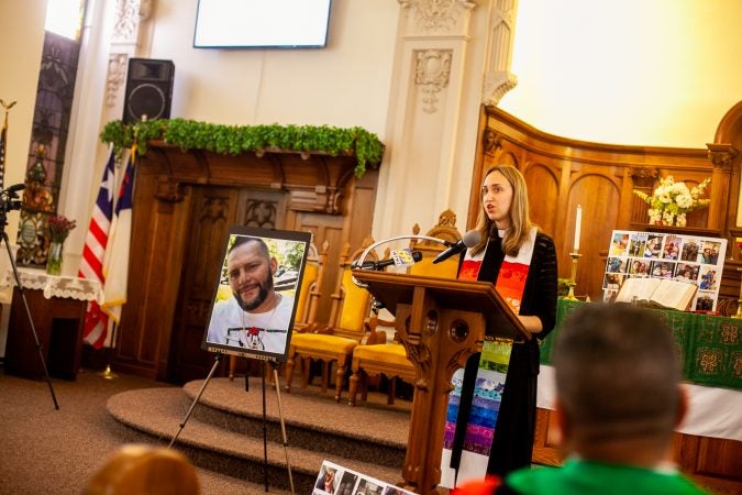 The Rev. Cecilia Baxter speaks at a memorial service for Joseph Santos of Hasbrouck Heights, N.J.  who was fatally shot by South Whitehall Township Police Officer Jonathan Roselle on July 28, 2018.(Brad Larrison for WHYY)