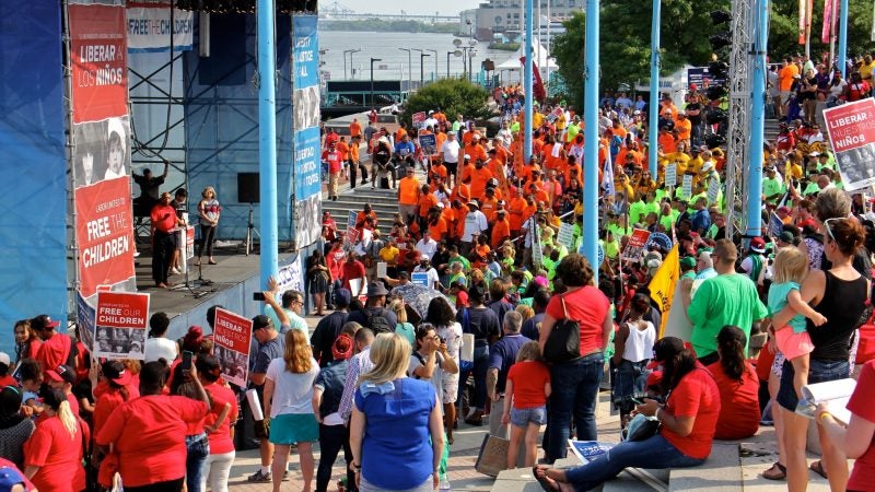 About 2,000 union members rally Wednesday  at the Great Plaza at Penn's Landing to protest U.S. immigration policies. (Emma Lee/WHYY)