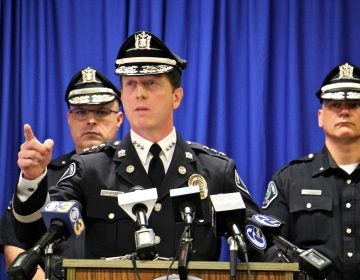 Camden Police Chief John Thomson asks for the public's help in finding the men wanted in connection with the shooting of two undercover detectives. (Emma Lee/WHYY)