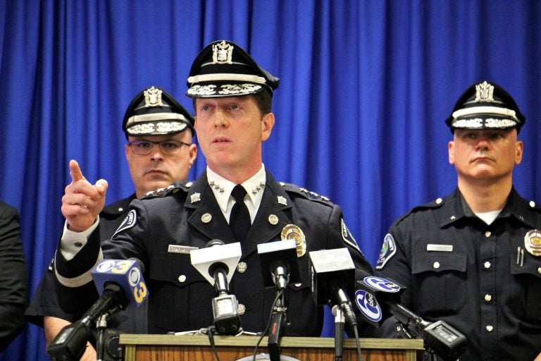 Camden Police Chief John Thomson asks for the public's help in finding the men wanted in connection with the shooting of two undercover detectives. (Emma Lee/WHYY)