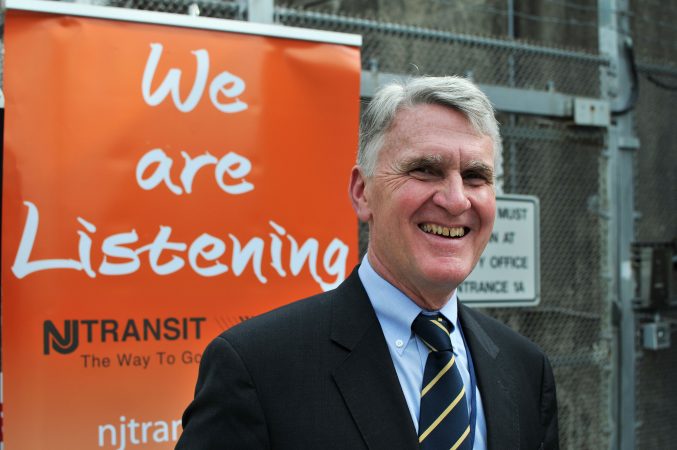 Kevin Corbett, executive director of NJ Transit,  waits for commuters at the  Atlantic City Rail Line platform in Lindenwold, N.J. Monday. The scheduled installation of positive train control or PTC will temporarily interrupt train service to Atlantic City for several months. (Bastiaan Slabbers for WHYY)