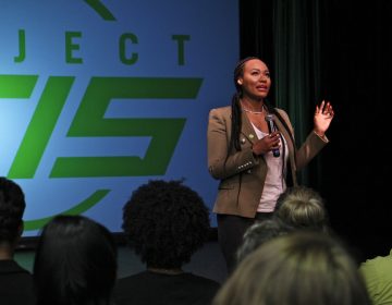 Michi Marshall, wife of NFL wide-receiver Brandon Marshall, talks about her husband's mental illness during a day of mental health first aid training for teachers at String Theory Charter School.