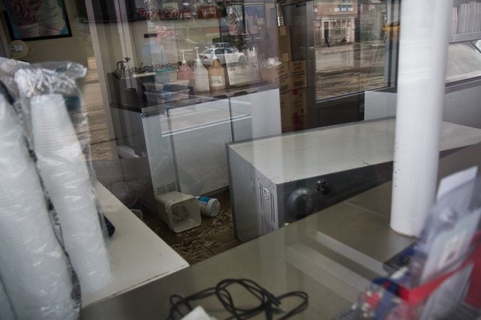 A flash flood caused destruction at George’s Water Ice on Marshall road in Upper Darby. (Kimberly Paynter/WHYY)