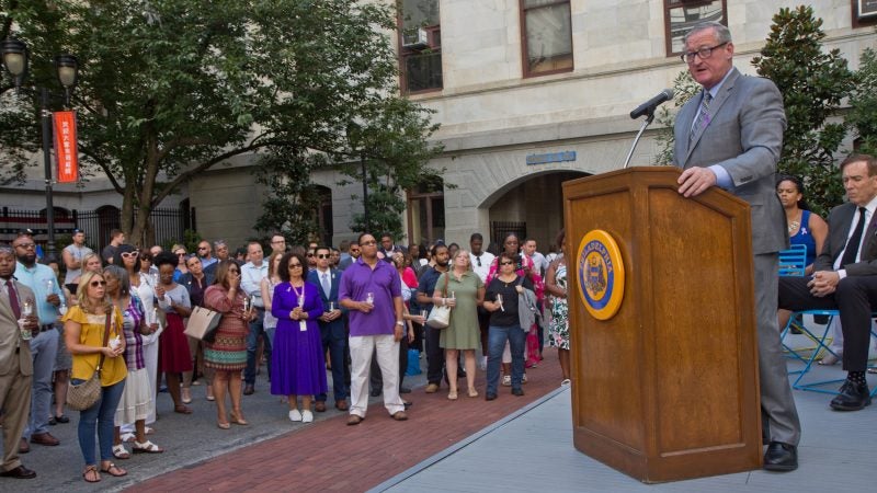 Philadelphia Mayor Jim Kenney remembers Linda Rios at a candlelight vigil at City Hall courtyard Thursday afternoon. (Kimberly Paynter/WHYY)