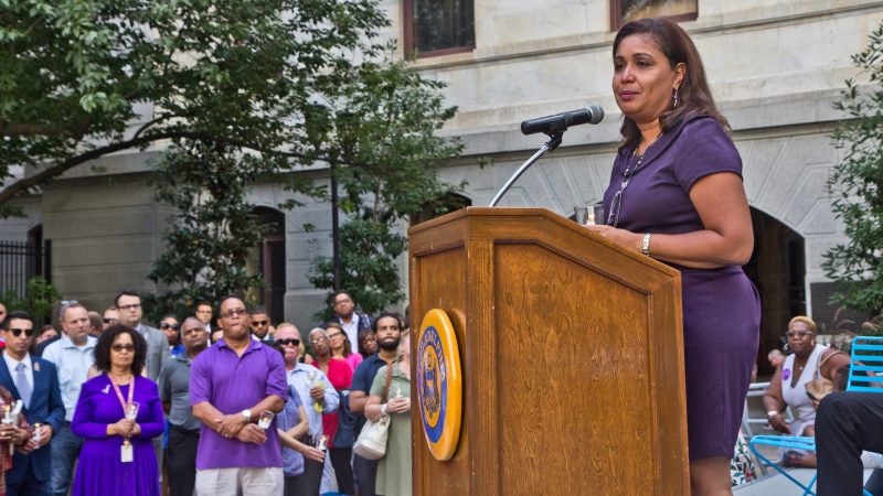 Councilwoman Maria Quiñones-Sánchez remembers her friend and colleague Linda Rios, who served as director of human resources for Philadelphia City Council. (Kimberly Paynter/WHYY)