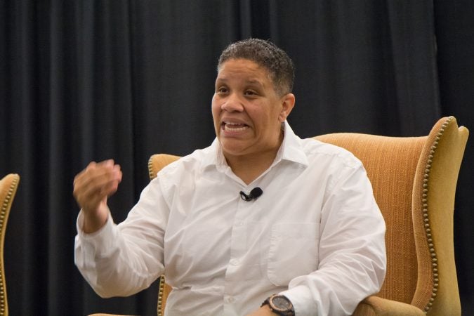 Delaware candidate Kerri Evelyn Harris speaks at the University of Delaware. (Kimberly Paynter/WHYY)