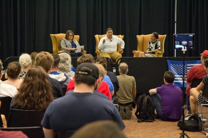 Delaware U.S. Senate candidate Kerri Evelyn Harris speaks at the University of Delaware. She was joined by Alexandria Ocasio-Cortez, a New York congressional candidate.  (Kimberly Paynter/WHYY)