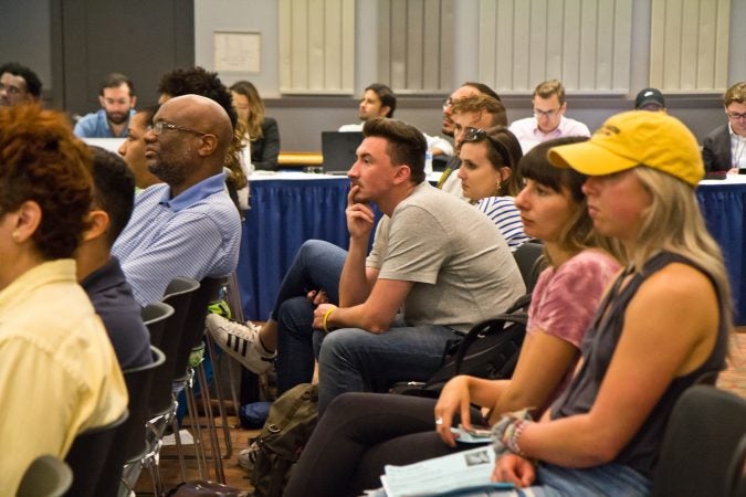 Delawareans attend a town hall forum with Kerri Evelyn Harris and New York congressional candidate Alexandria Ocasio-Cortez at the University of Delaware. (Kimberly Paynter/WHYY)