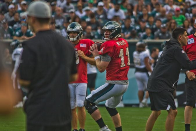 Eagles starting quarterback Carson Wentz was back on the field Sunday at the team’s first open practice of the season. (Kimberly Paynter/WHYY)