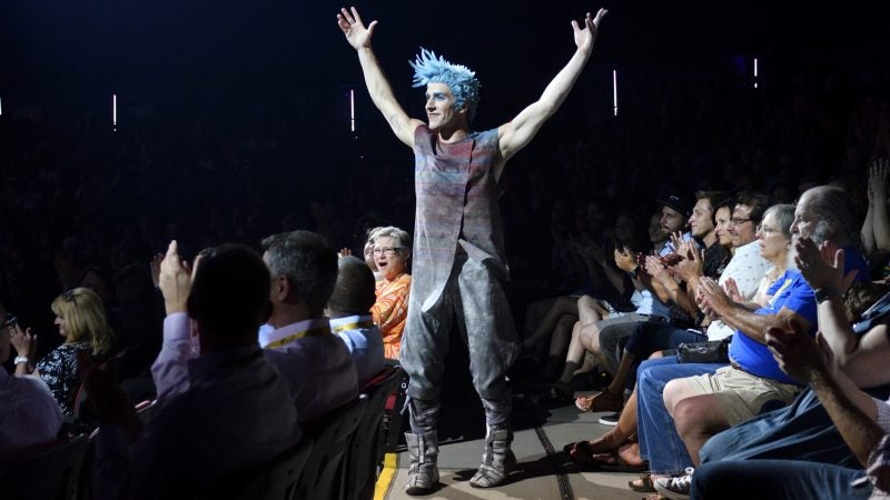 WAZ interacts with the audience during Cirque Du Soleil's big top show, VOLTA, in Oaks, Pa., on July 12, 2018. (Bastiaan Slabbers for WHYY)
