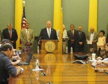 Senate President Steve Sweeney, other lawmakers, and members of the task force discuss the proposed changes. (Phil Gregory/WHYY)