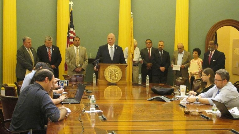 Senate President Steve Sweeney, other lawmakers, and members of the task force discuss the proposed changes. (Phil Gregory/WHYY)