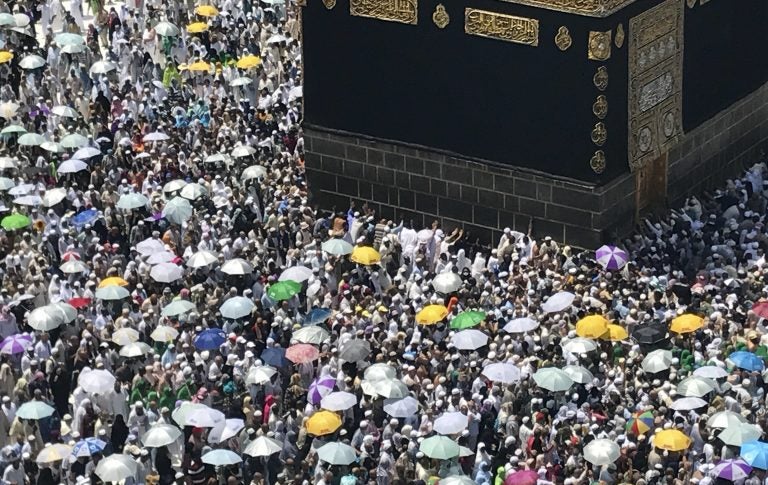 Muslim pilgrims perform the farewell circling of the Kaaba, marking the end of Hajj pilgrimage in the Muslim holy city of Mecca, Saudi Arabia, Sunday, Sept. 3, 2017. (AP Photo/Khalil Hamra)