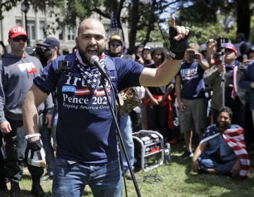 In this April 27, 2017, file photo, right wing group Patriot Prayer leader Joey Gibson speaks during a rally in support of free speech in Berkeley, Calif. The conflict between Patriot Prayer and the so-called 