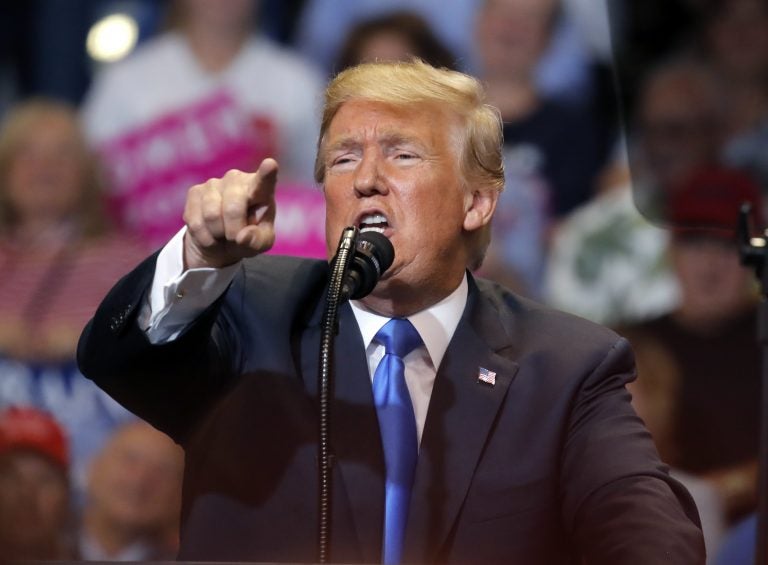 President Donald Trump speaks during a rally, Thursday, Aug. 2, 2018, at Mohegan Sun Arena at Casey Plaza in Wilkes Barre, Pa. (AP Photo/Carolyn Kaster)