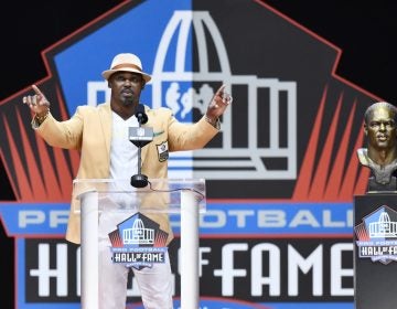 Former NFL player Brian Dawkins delivers a speech beside during an induction ceremony at the Pro Football Hall of Fame, Saturday, Aug. 4, 2018, in Canton, Ohio. (AP Photo/David Richard)