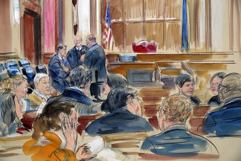 This courtroom sketch shows spectators waiting the the courtroom as the jury continues to deliberate in the bank fraud and tax evasion trial of Paul Manafort behind the closed door, at back left, in the courtroom of U.S. District court Judge T.S. Ellis III at federal court in Alexandria, Va., Monday, Aug. 20, 2018. (Dana Verkouteren via AP)