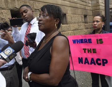 Carmen Ashley, great aunt of Antwon Rose Jr. talks with reporters outside of the courthouse following a hearing for East Pittsburgh police officer Michael Rosfeld on Wednesday, Aug. 22, 2018, in Pittsburgh.  Rosfeld is charged in the June 19 shooting death of Rose, an unarmed teenager as he fled a traffic stop. (AP Photo/Don Wright)