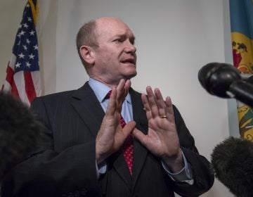 Sen. Chris Coons, D-Del., speaks to reporters after his meeting with President Donald Trump's Supreme Court nominee, Judge Brett Kavanaugh, on Capitol Hill in Washington, Thursday, Aug. 23, 2018. Sen. Coons, a member of the Senate Judiciary Committee which will oversee Kavanaugh's confirmation, says he does not think the committee should go forward with the scheduled September 4th hearings. (AP Photo/J. Scott Applewhite)