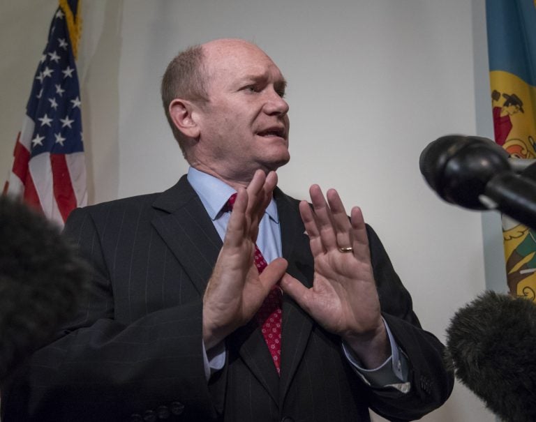 Sen. Chris Coons, D-Del., speaks to reporters after his meeting with President Donald Trump's Supreme Court nominee, Judge Brett Kavanaugh, on Capitol Hill in Washington, Thursday, Aug. 23, 2018. Sen. Coons, a member of the Senate Judiciary Committee which will oversee Kavanaugh's confirmation, says he does not think the committee should go forward with the scheduled September 4th hearings. (AP Photo/J. Scott Applewhite)