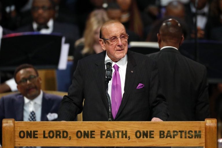 Record producer Clive Davis speaks during the funeral service for Aretha Franklin at Greater Grace Temple, Friday, Aug. 31, 2018, in Detroit. Franklin died Aug. 16, 2018 of pancreatic cancer at the age of 76. (AP Photo/Paul Sancya)