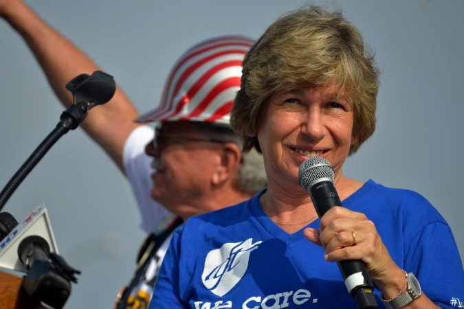 AFT President Randi Weingarten speaks at the annual Labor Day Parade on Columbus Boulevard, on Monday. (Bastiaan Slabbers for WHYY)