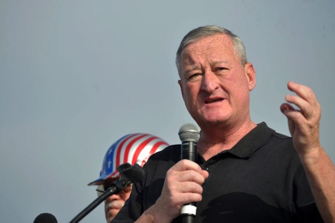 Mayor Jim Kenney speaks at the annual Labor Day Parade on Columbus Boulevard, on Monday. (Bastiaan Slabbers for WHYY)