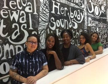 Blackstar organizers Meg Onli, Patrice Worthy, Maori Karmael Homes, Nehad Khader, and Denise Beek in front of an artwork by Jade Montserrat at the Institute for Contemporary Art. Blackstar highlights the work of black filmmakers from around the world. (Credit: Jen Kinney)