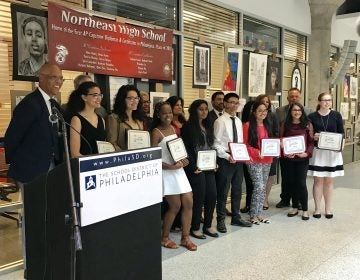  Students who earned AP Capstone honors gathered with Superintendent William Hite and other dignitaries at a ceremony on Tuesday. (Dale Mezzacappa/The Notebook) 