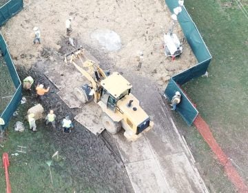 Crews work to stabilize sinkholes in a West Whiteland Township neighborhood on March 3. The sinkholes appeared near a construction site for the Mariner East 2 pipeline. (Courtesy of Eric Friedman)