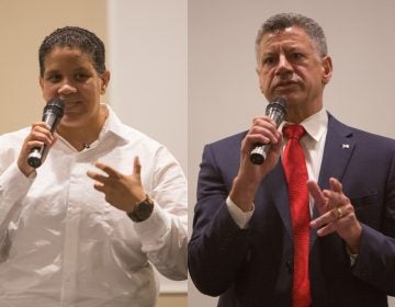 Two of of the four Delaware U.S. Senate primary candidates, Democrat Kerri Evelyn Harris, (left), and Republican Gene Truono, (right), met for a debate in Hockenssin, Delaware, in front of over 100 constituents on Aug. 20, 2018. (Emily Cohen for WHYY)