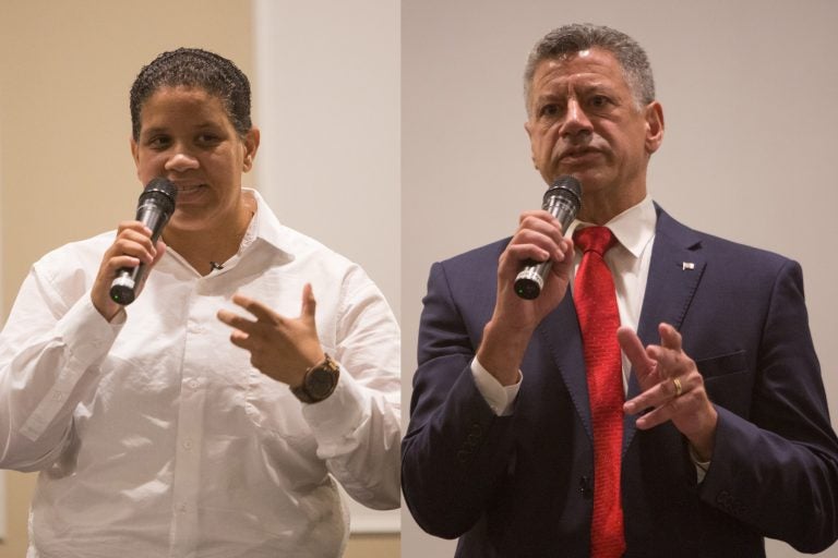 Two of of the four Delaware U.S. Senate primary candidates, Democrat Kerri Evelyn Harris, (left), and Republican Gene Truono, (right), met for a debate in Hockenssin, Delaware, in front of over 100 constituents on Aug. 20, 2018. (Emily Cohen for WHYY)
