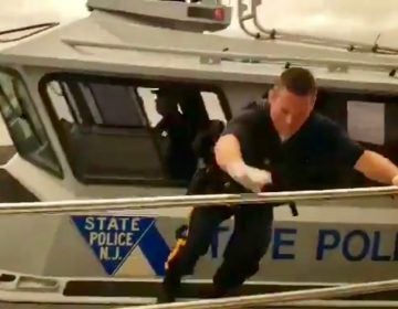 A state trooper prepares to jump onto a moving sightseeing boat off Atlantic County Monday afternoon to render assistance to an unconscious man. (Image taken from a video courtesy of Kevin Gilbert)