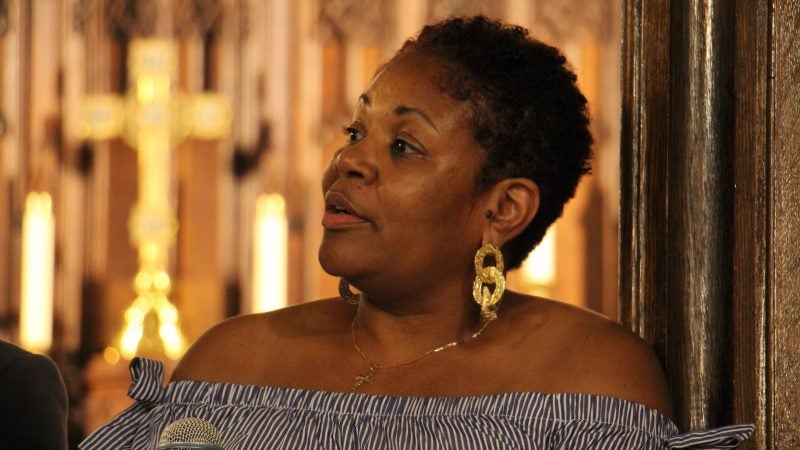 Sonya Jacobs, program coordinator for the Interfaith Homeless Outreach Council, participates in a panel discussion after the screening of a WNET public television series about the program. (Emma Lee/WHYY)