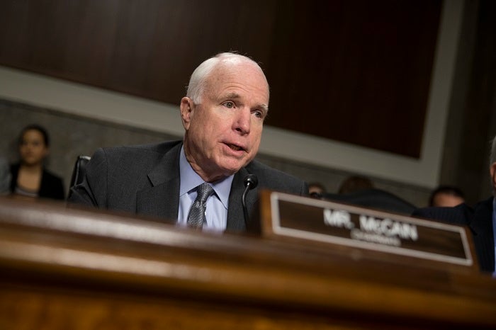 Senate Armed Services Committee Chairman Sen. John McCain, R-Ariz., speaks on Capitol Hill in Washington, Tuesday, Feb. 9, 2016, during the committee's hearing with Director of National Intelligence James Clapper and Defense Intelligence Agency Director Lt. Gen. Vincent Stewart on worldwide threats. (AP Photo/Evan Vucci)
