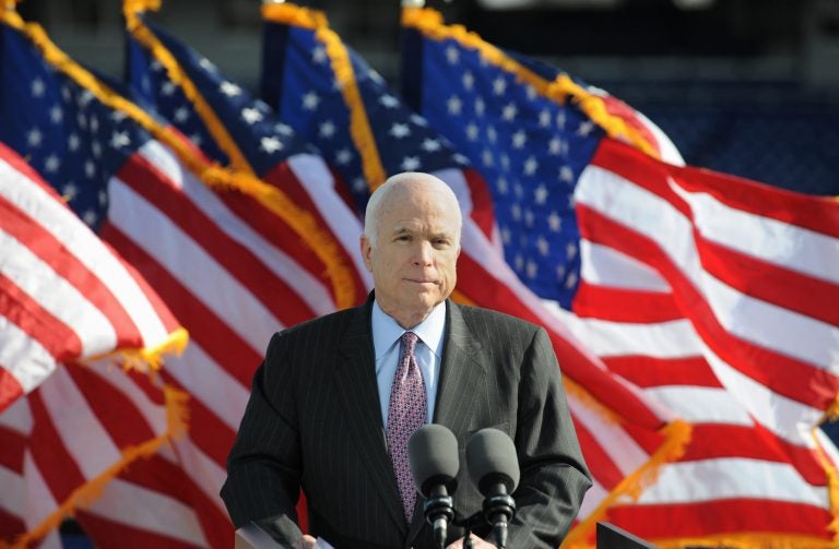 Sen. John McCain, shown here speaking to supporters at an event in 2008 at the U.S. Naval Academy, will be buried at the academy's cemetery in Annapolis, Md. (Gail Burton/Associated Press)