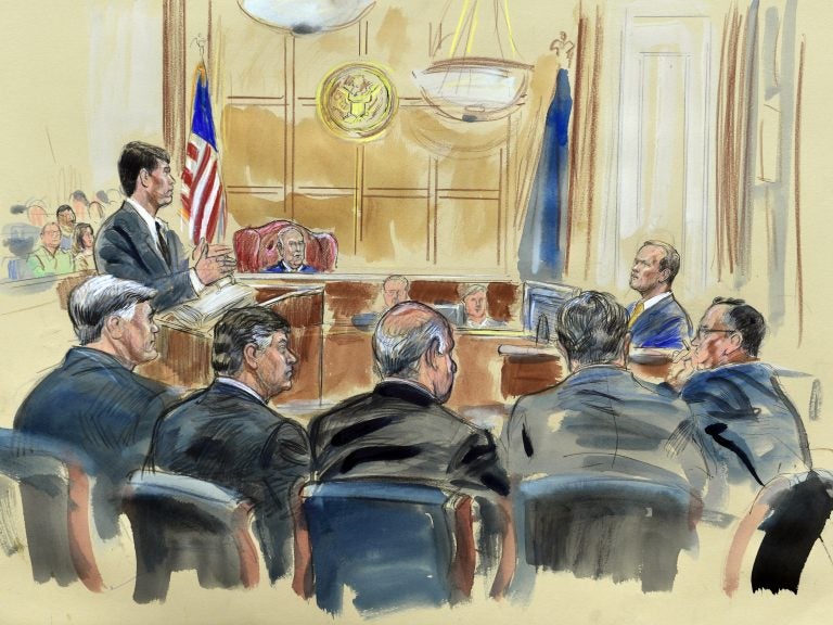 This courtroom sketch depicts Rick Gates (right) answering questions by prosecutor Greg Andres as he testifies in the trial of Paul Manafort in Alexandria, Va. (Dana Verkouteren/AP)