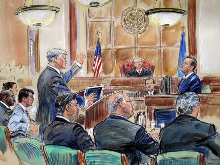 This courtroom sketch depicts defense lawyer Kevin Downing questioning Rick Gates, as former Trump campaign chairman Paul Manafort listens.
(Dana Verkouteren/AP)