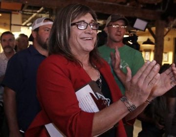 Vermont Democratic gubernatorial nominee Christine Hallquist, a transgender woman and former electric company executive, applauds with her supporters during her election night party in Burlington, Vt.