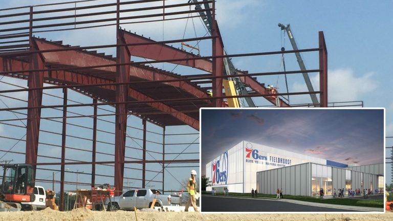 Construction is under way at the 76ers Fieldhouse in Wilmington, which the developer says will also serve as a training center for elite youth athletes and offer athletic, educational and leadership programs for poor city children. (Cris Barrish/WHYY. Inset courtesy of Buccini/Pollin Group)