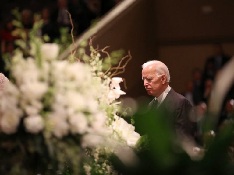 Former Vice President Joe Biden prepares to speak at a ceremony for John McCain at North Phoenix Baptist Church on Thursday. (Justin Sullivan/Getty Images)