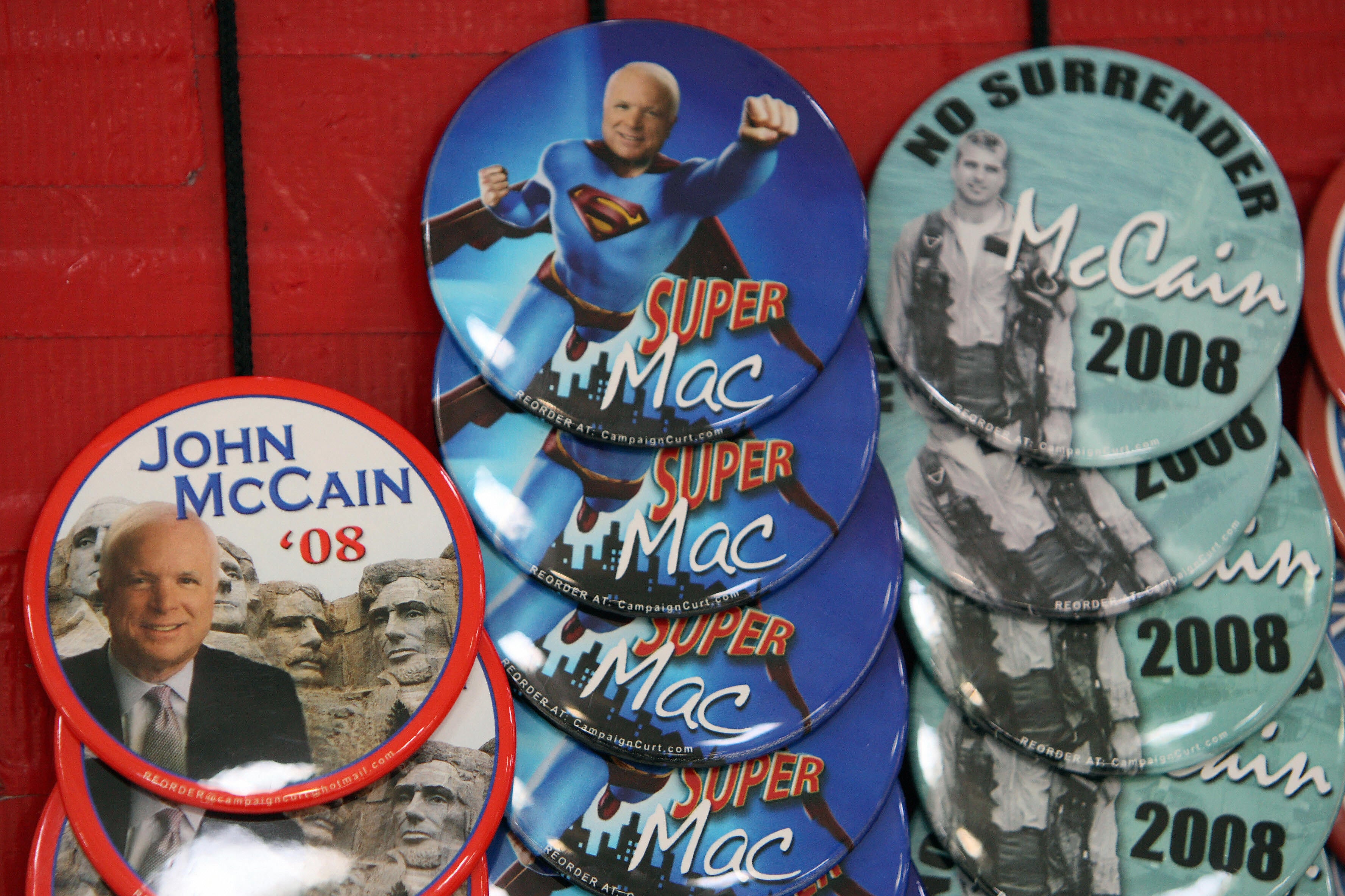 Campaign buttons for McCain on sale at a campaign rally in St. Louis in February 2008.